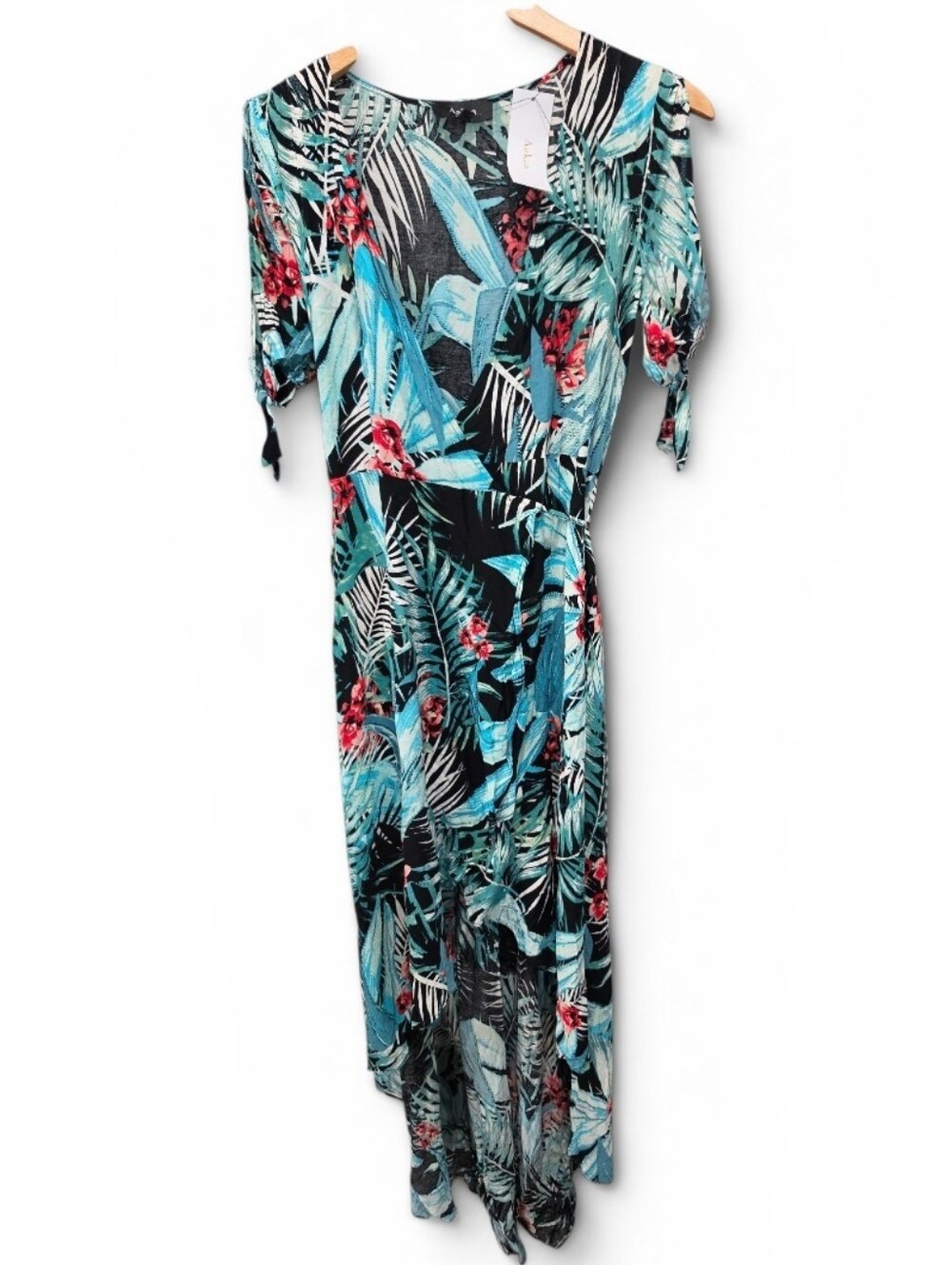 NWT Aakaa Tropical Floral Wrap Maxi Dress Teal V-Neck Short Sleeve Sz L